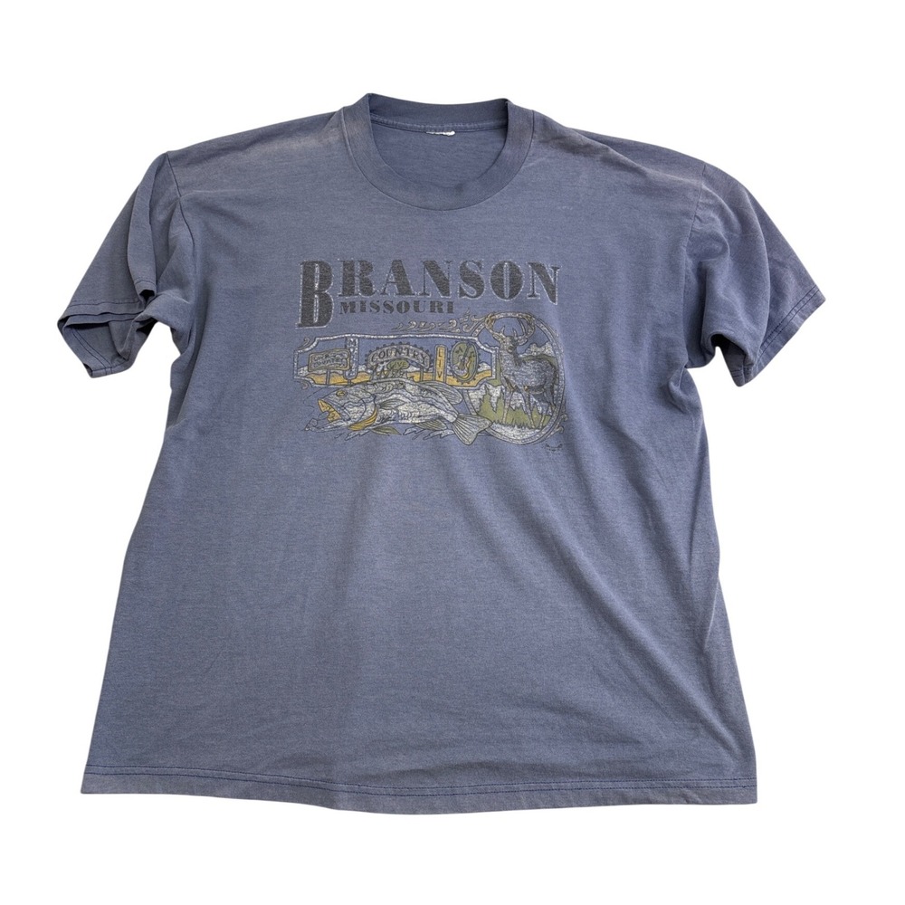 Vintage Branson Missouri Graphic T-Shirt Blue Gray Fish Deer Souvenir Mens XL